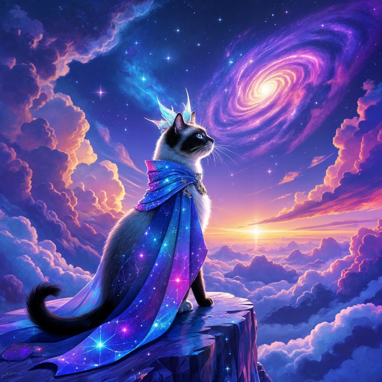 A majestic Siamese cat, adorned with celestial patterns and a shimmering nebula crown, stands on a crystalline planet overlooking a swirling...