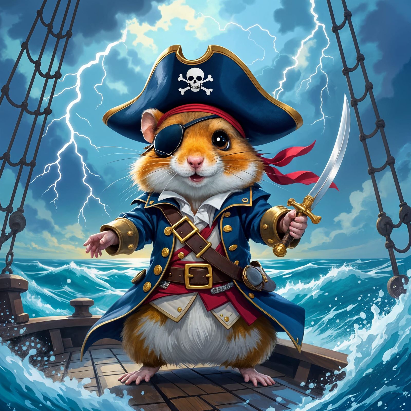 Imagine a majestic hamster dressed as a pirate captain, complete with an eye patch, tricorn hat, and ...  by @Дарья Бортникова