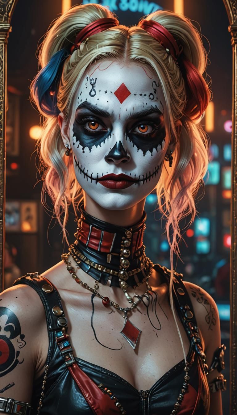 Realistic portrait of a Harley Quinn Create a playing card o...