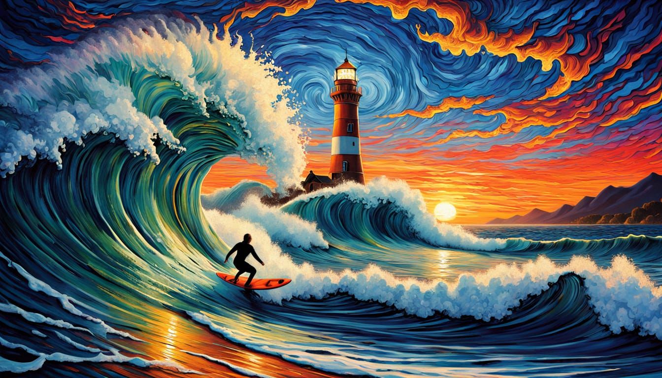 Focus in the foreground, a surfer on a surfboard Rides a hyperdetailed giant curling, swirling wave. ...  by @5Foot3 Marie