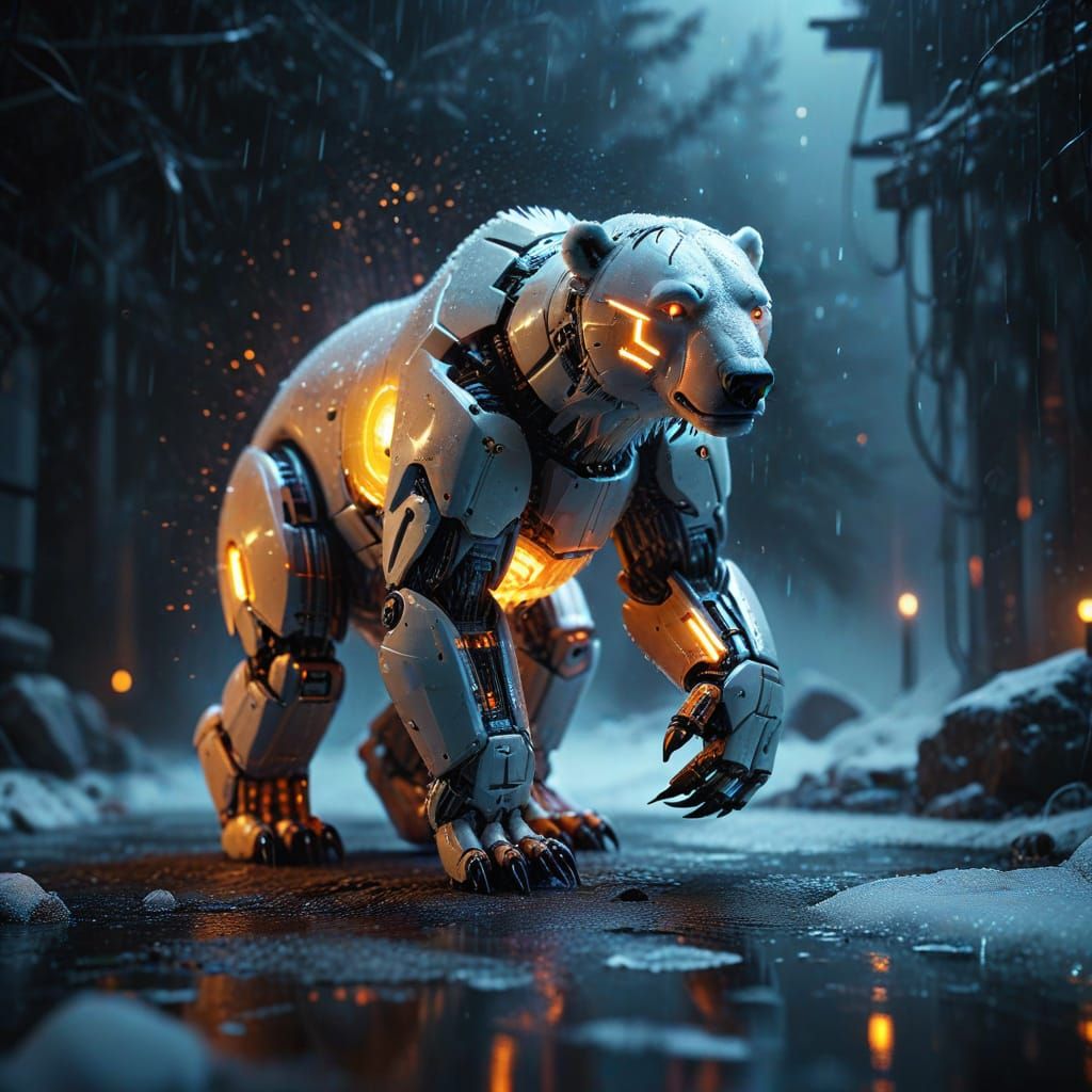 Cyberpunk Polar Bear Robot in Icy Landscape