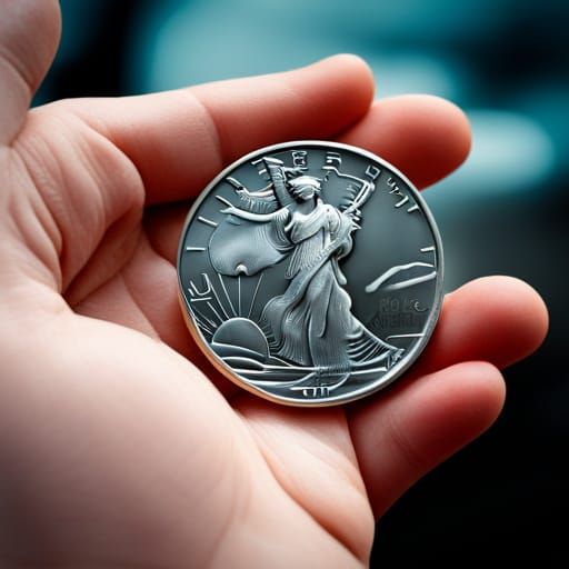 American silver coin with Statue of Liberty  held in a hand ...