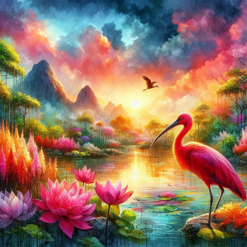 scarlet ibis in a flower landscape, watercolor painting