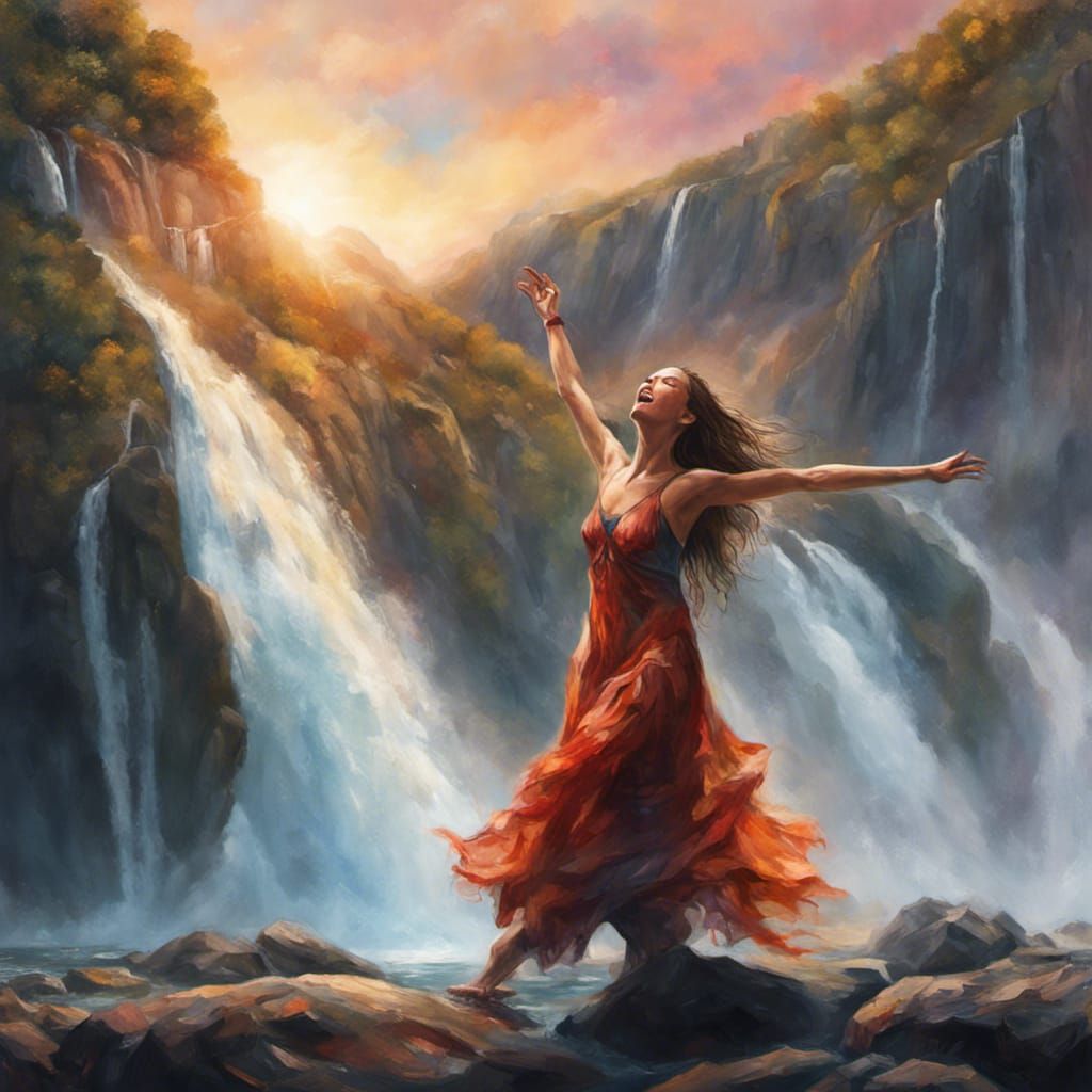 Huldra dances and sings in front of the waterfall, Norway