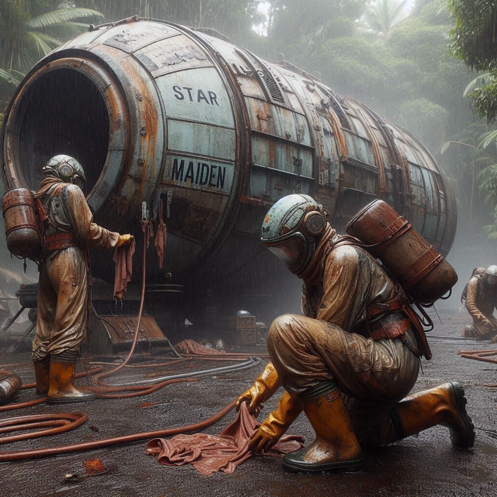 A few tired female workers are cleaning the vicinity of an o...