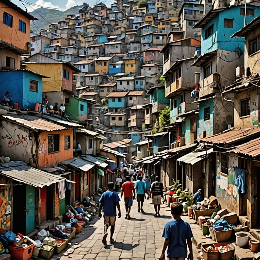 Horizontal view of a busy favela with people walking, playing football and selling objects