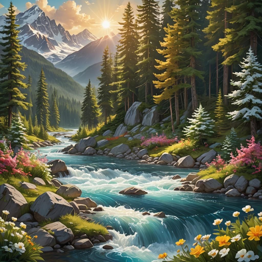 Snow-Capped Mountains and Golden Light in Fantasy Landscape