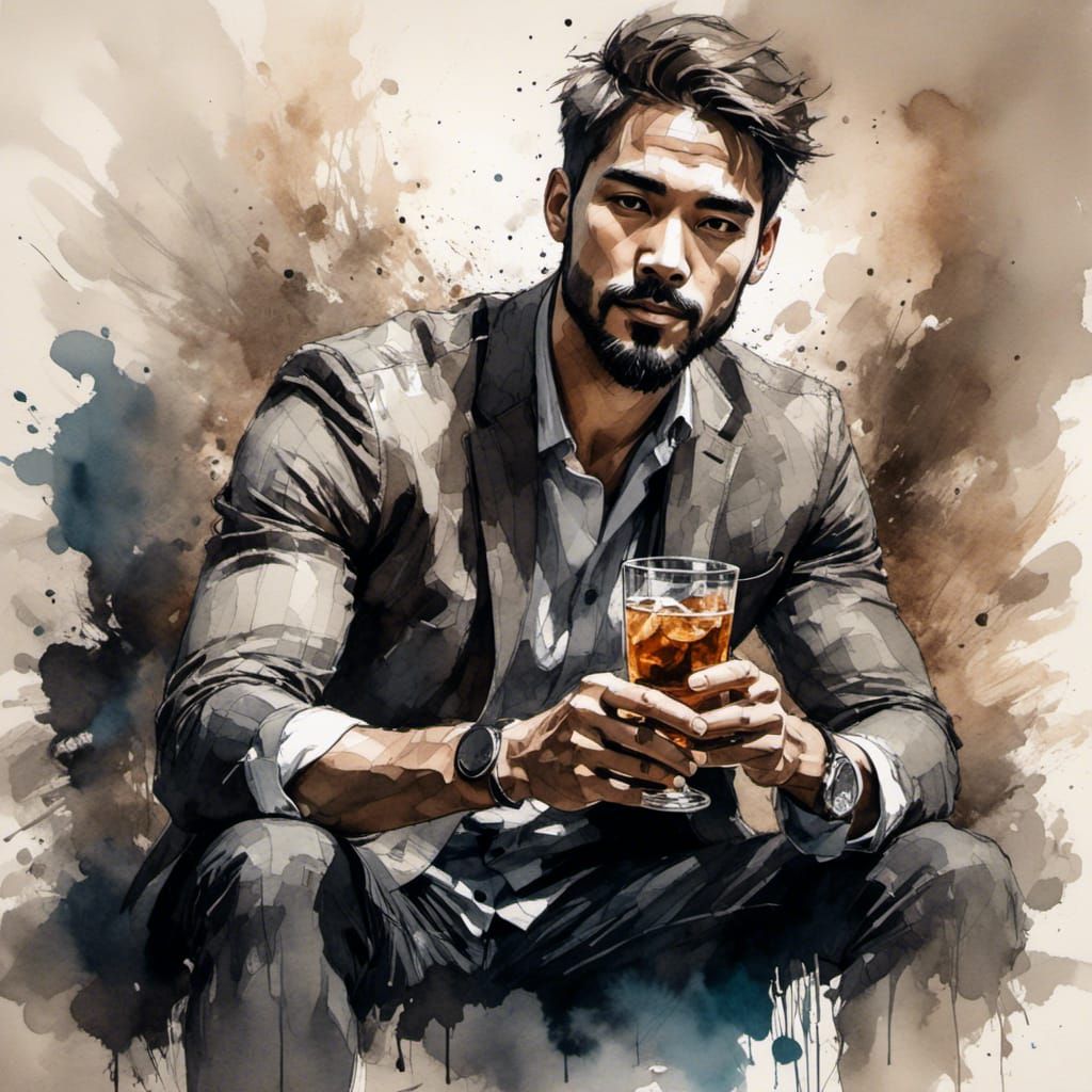 <lora:Ink Sketch:1.0>  A portrait of a man holding a drink, ink paint sketch, deviantart, sketchlab, intricate details, dynamic