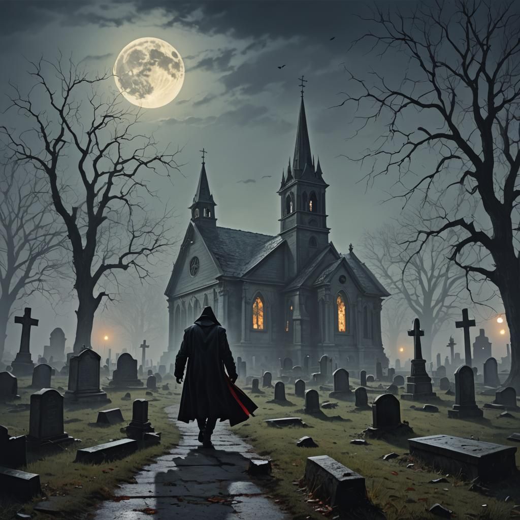 sinister by Greg Rutkowski a vampire walking through a foggy...