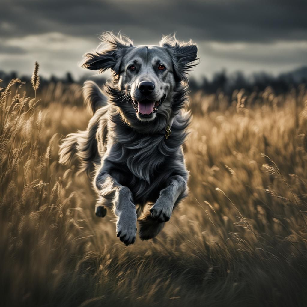a dark grey golden retiever dog running across a meadow, int...