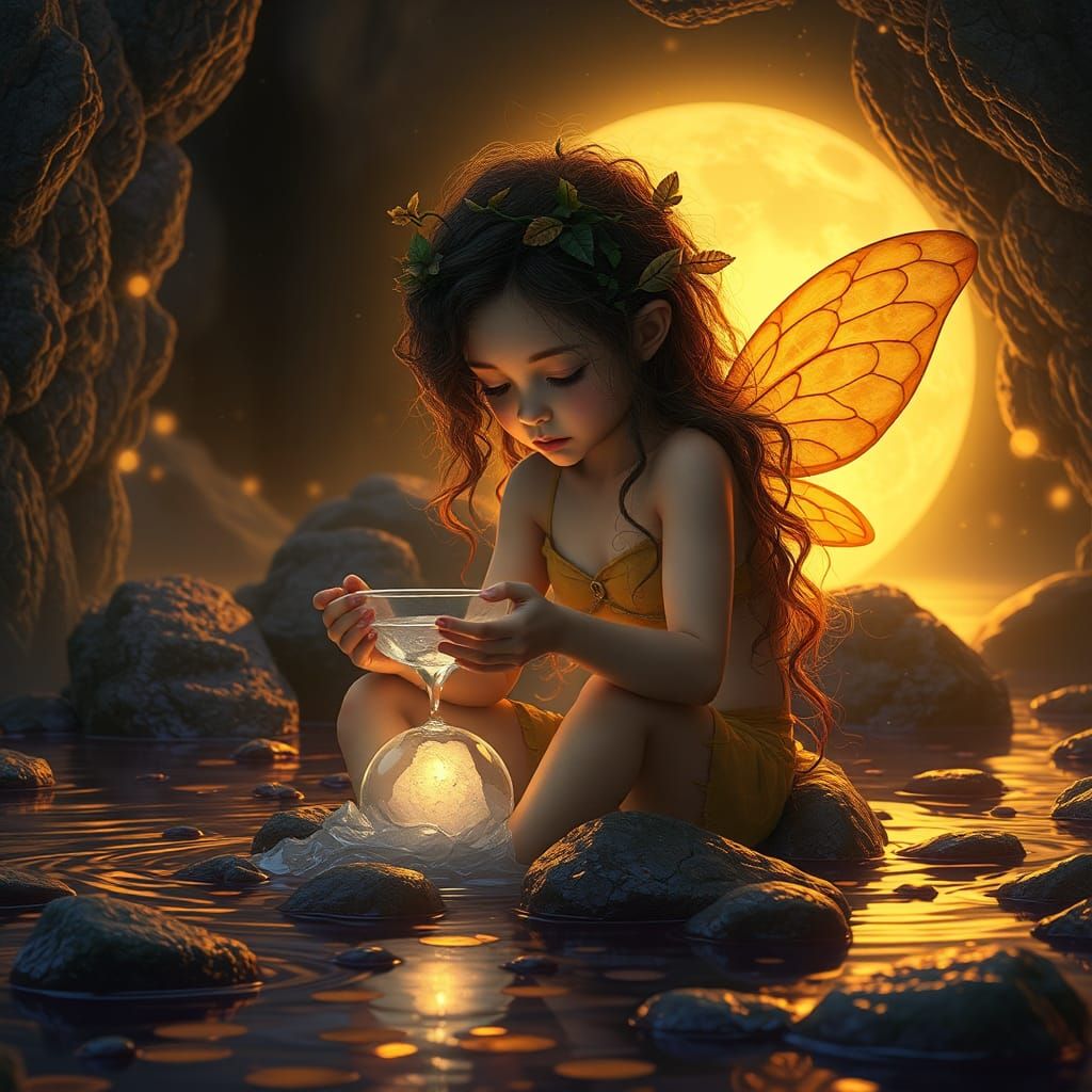 Harvest Moon. Wild child fairy making Moon water in Healing stonne lake
 water and Natural Raw rocks ...  by @undefined