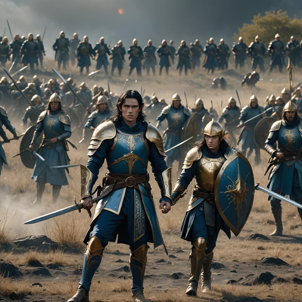 Elf soldier dressed in blue with gold armour, long black hai...