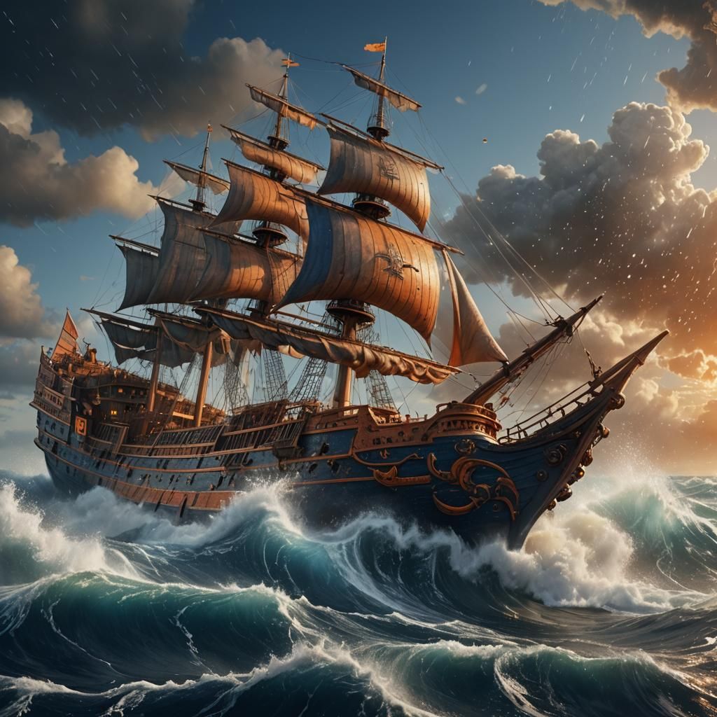 Fantastical Ship Navigating a Turbulent Sea