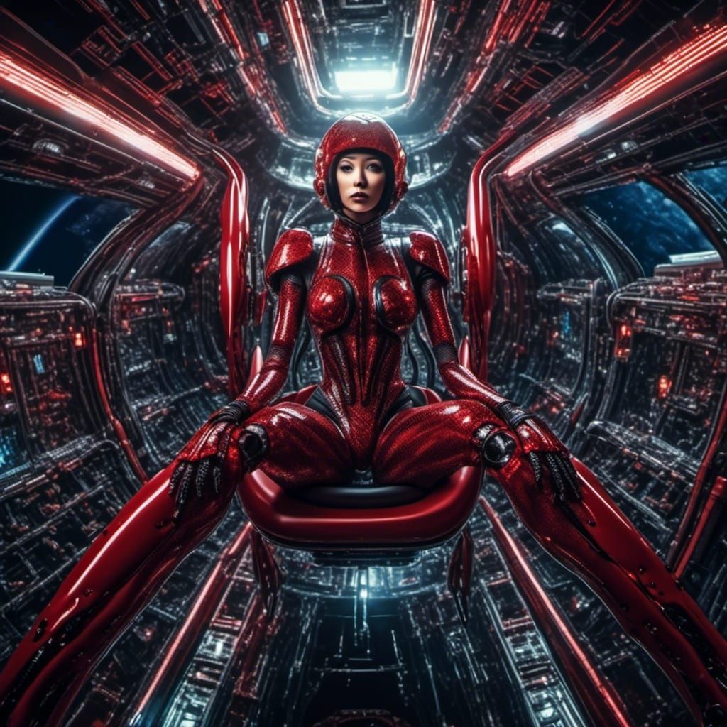 <lora:Futuristic Glamor:1.0> Voluptuous futuristic space Goth wearing red carbon fiber bodysuit working on satellite in space. Hyperrealisti...