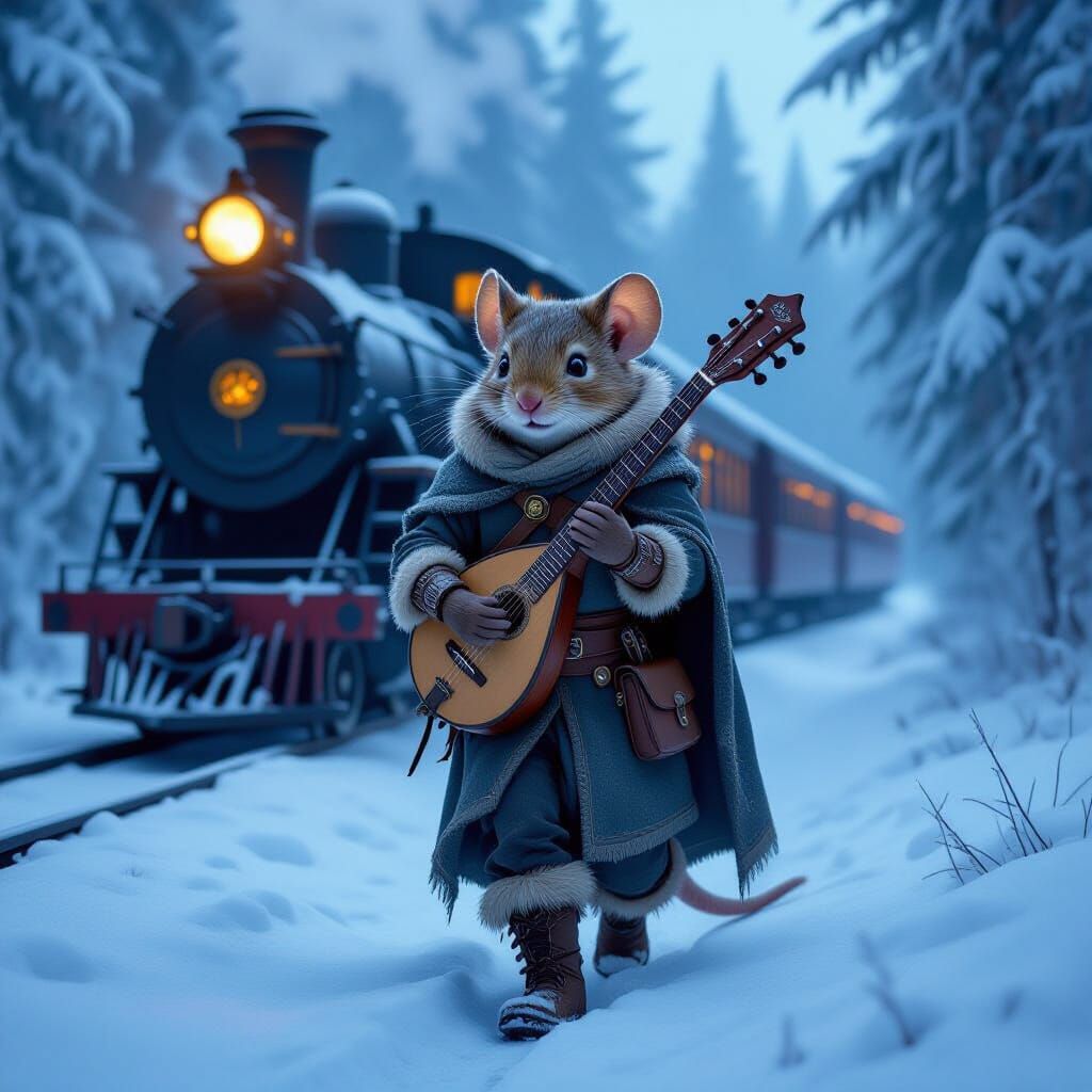 Finn, an anthropomorphic forest mouse wanderer, moves carefully through a silent snowy forest at dusk. He wears a weathered travel cloak wit...