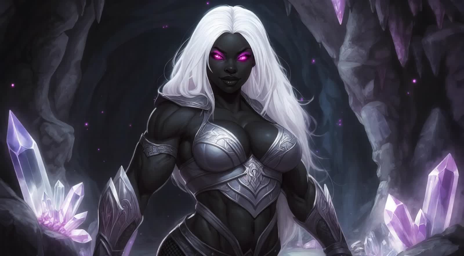 Muscle-bound black skined female  drow with white hair and pink eyes