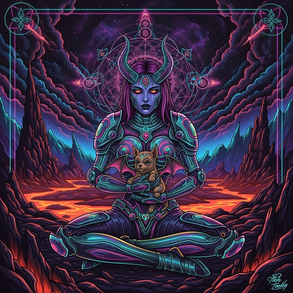 Neon Demon Woman with Winged Dog in Cyberpunk Style