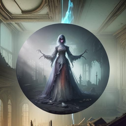 a ghostly apparition floating in an old, abandoned mansion.”