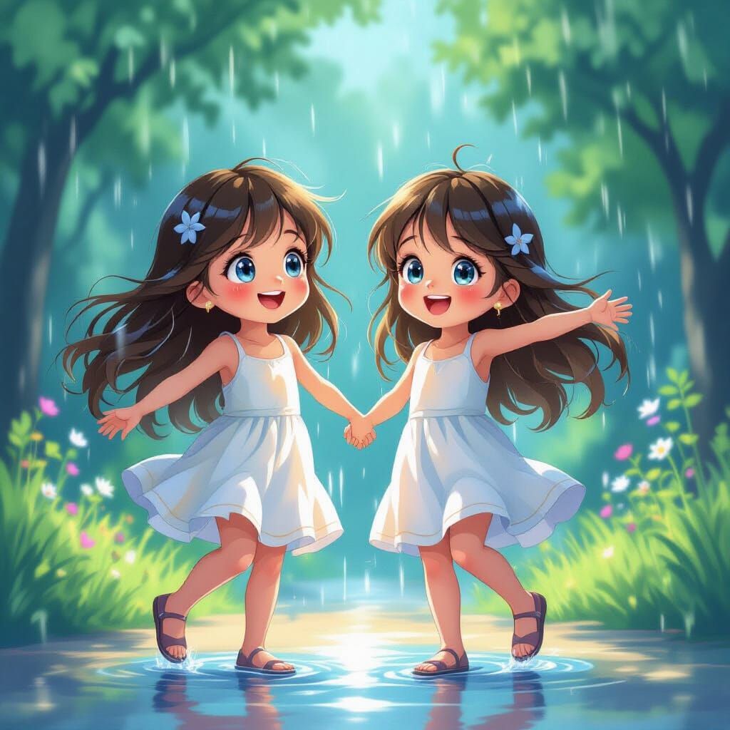 Joyful Girls Dancing in Vivid Rain