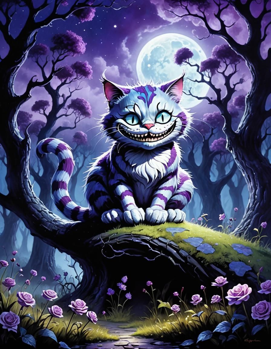 creepy cute fantasy art of (scary grinning cheshire cat by Tim Burton:1 ...