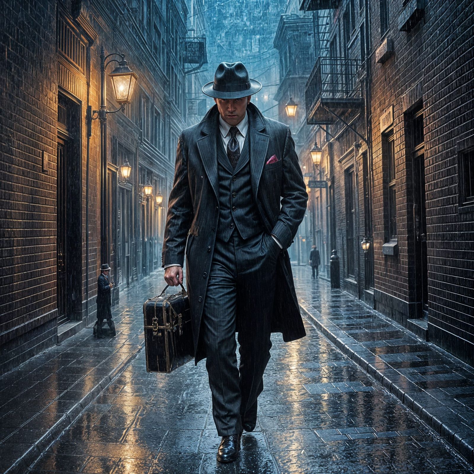 Oil painting. A man in a suit and fedora stands in a dimly lit alleyway, holding a briefcase. Rain slicks ...  by @Paul Snipes
