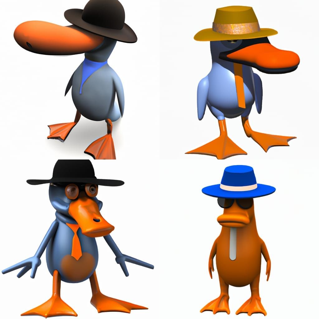 3D Blue duck-billed platypus with a tan 1970's fedora and or...