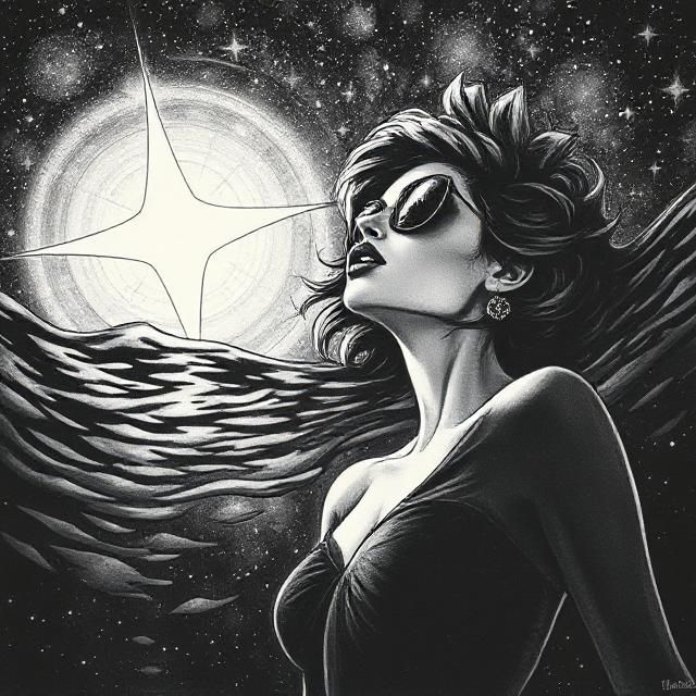 Mysterious Fashionista Beneath a Starry Ocean in Charcoal. T...