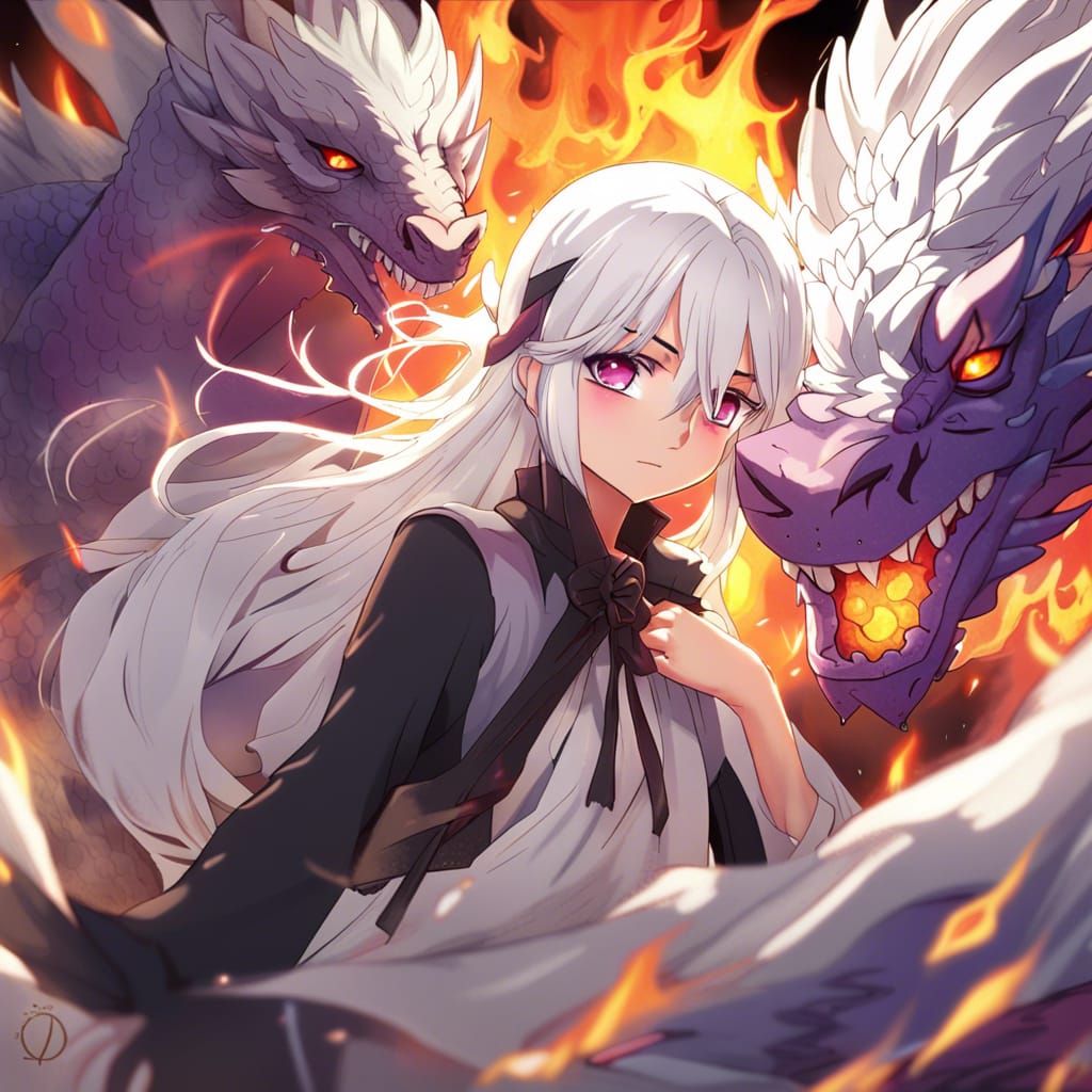 Anime-Style Dragon Fire Woman with Violet Eyes