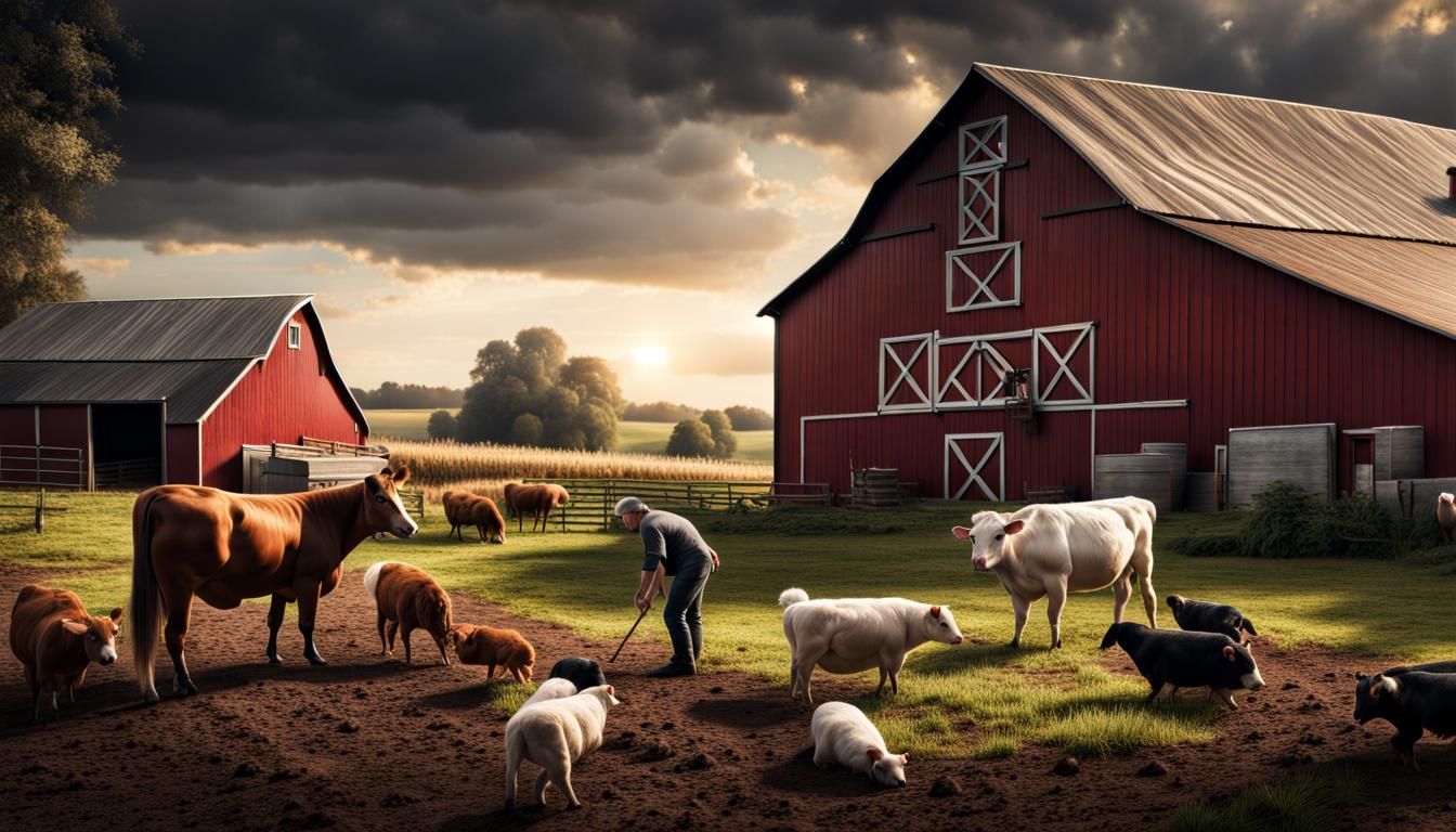 Farm with barn and animals, farmer, intricate details, HDR, beautifully shot, hyperrealistic, sharp focus, ...  by @Ed Evans