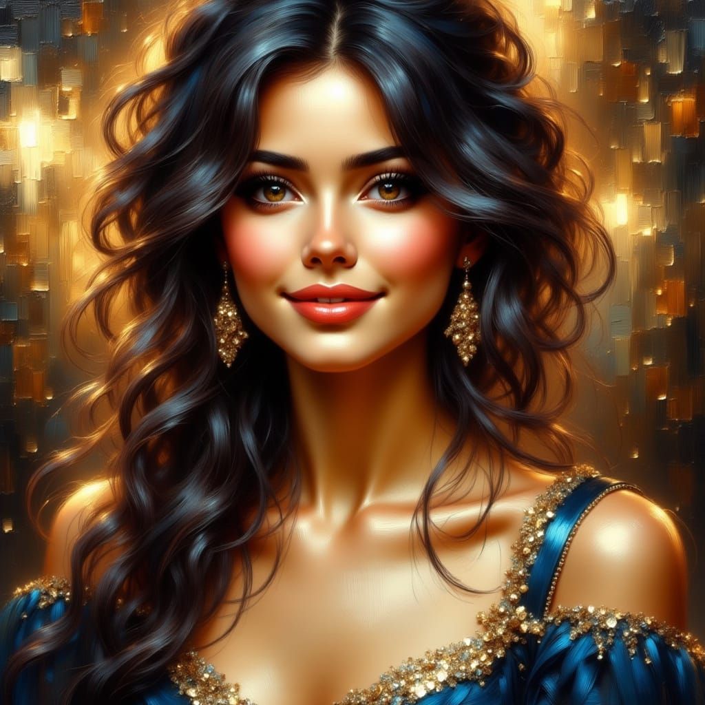 Portrait of a young woman with a fascinating expression, elegant evening dress in blue and gold, beautiful, slightly mischievous smile, <lor...