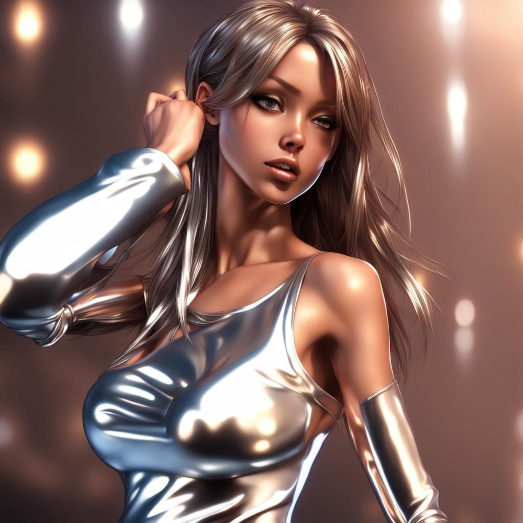 hot 3d anime girl in a shiny metalic dress, skin tight, really hot, amazing body, tanned, sexi