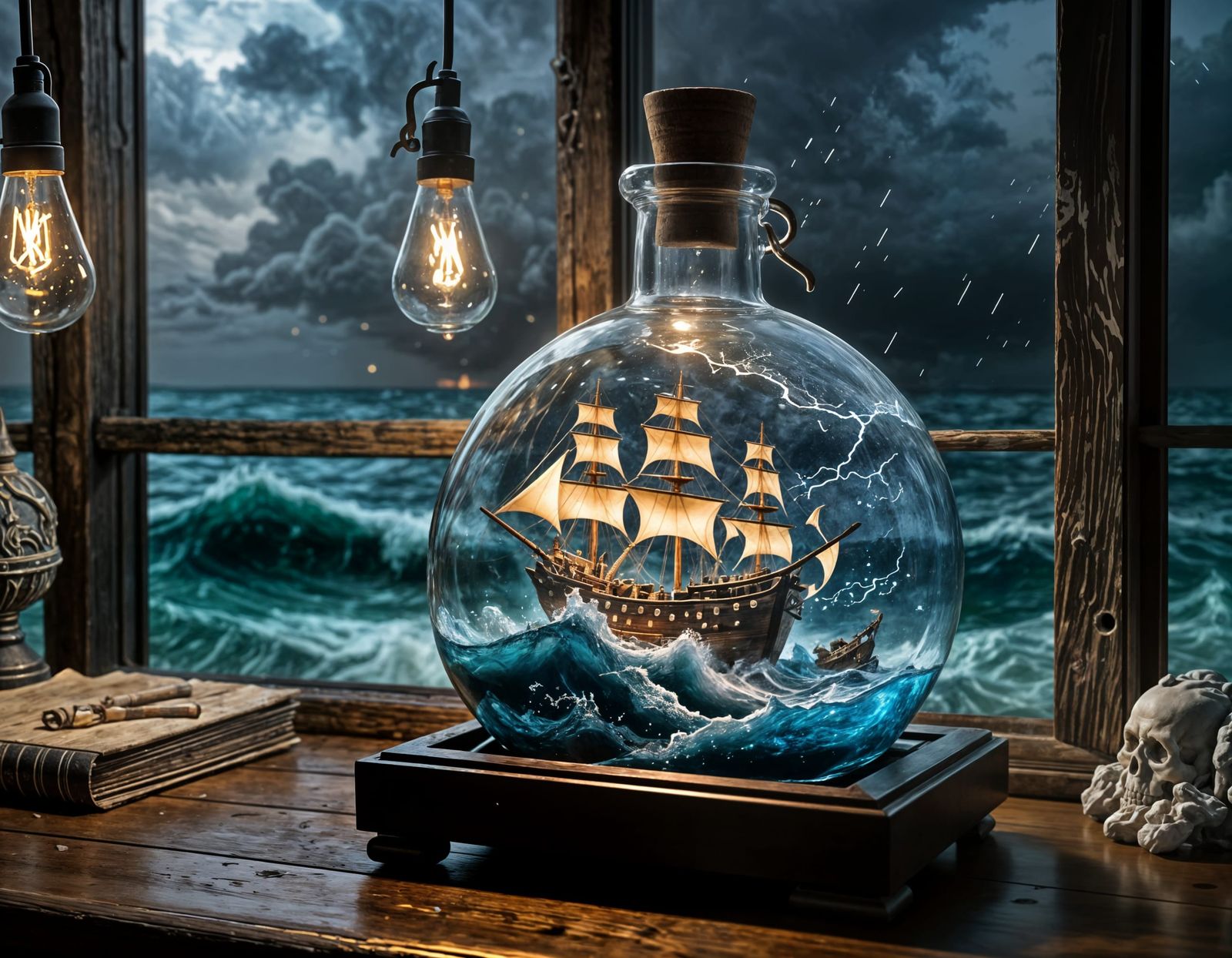 Pirate ship caught in a storm inside a bottle  by @Berserk89