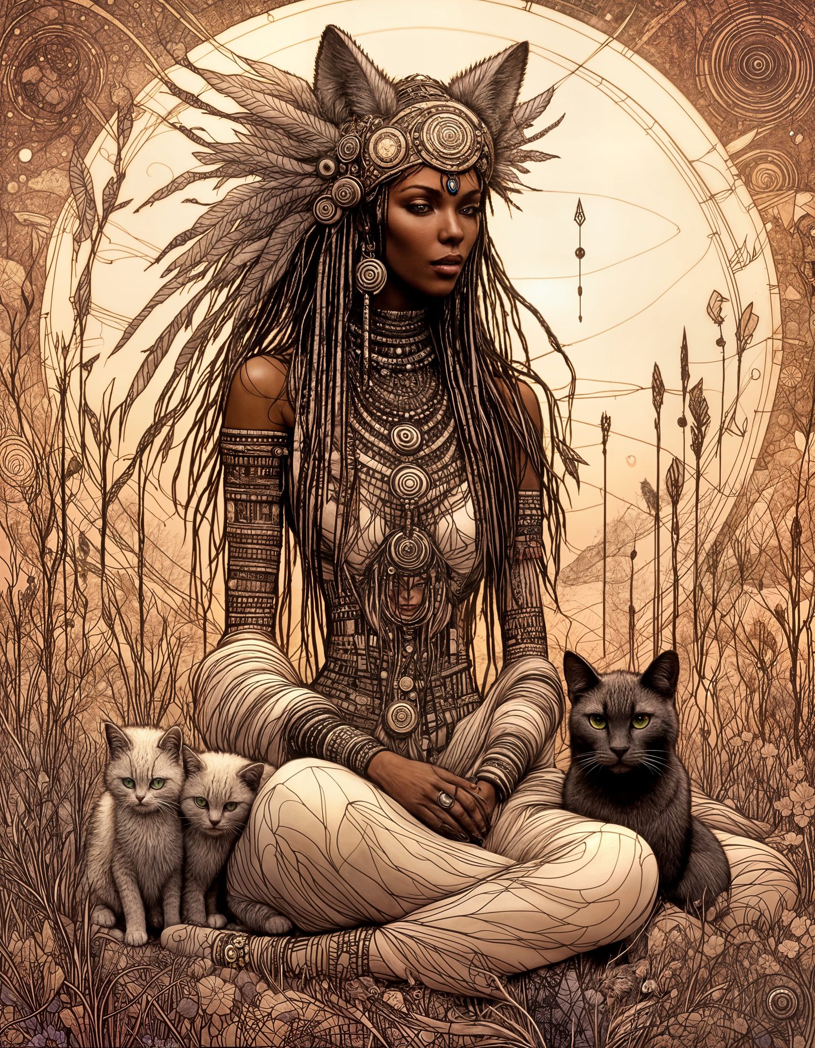 Cyberpunk Witchdoctor with Feline Companion