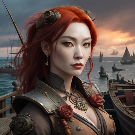 Portret of  breasty red hair tribal  steampunk style taiwani...