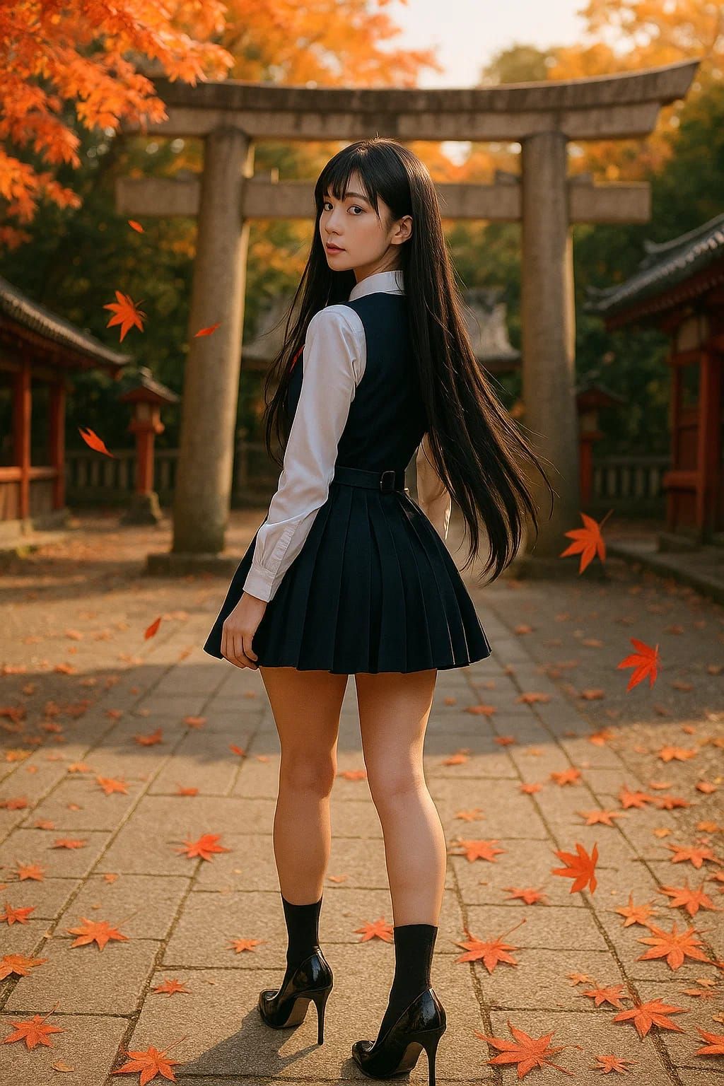 Kaori at a shrine with Autumn maple leaves scattering. (Ligh...