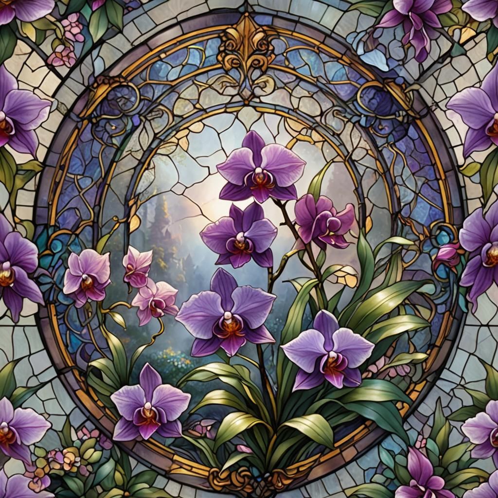 traditional stain glass round, small vibrant purple orchid flower in ...