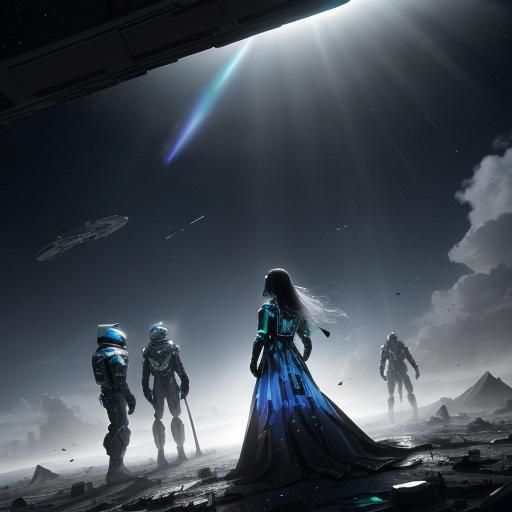 cinematic still of people in holographic augmented space suits standing