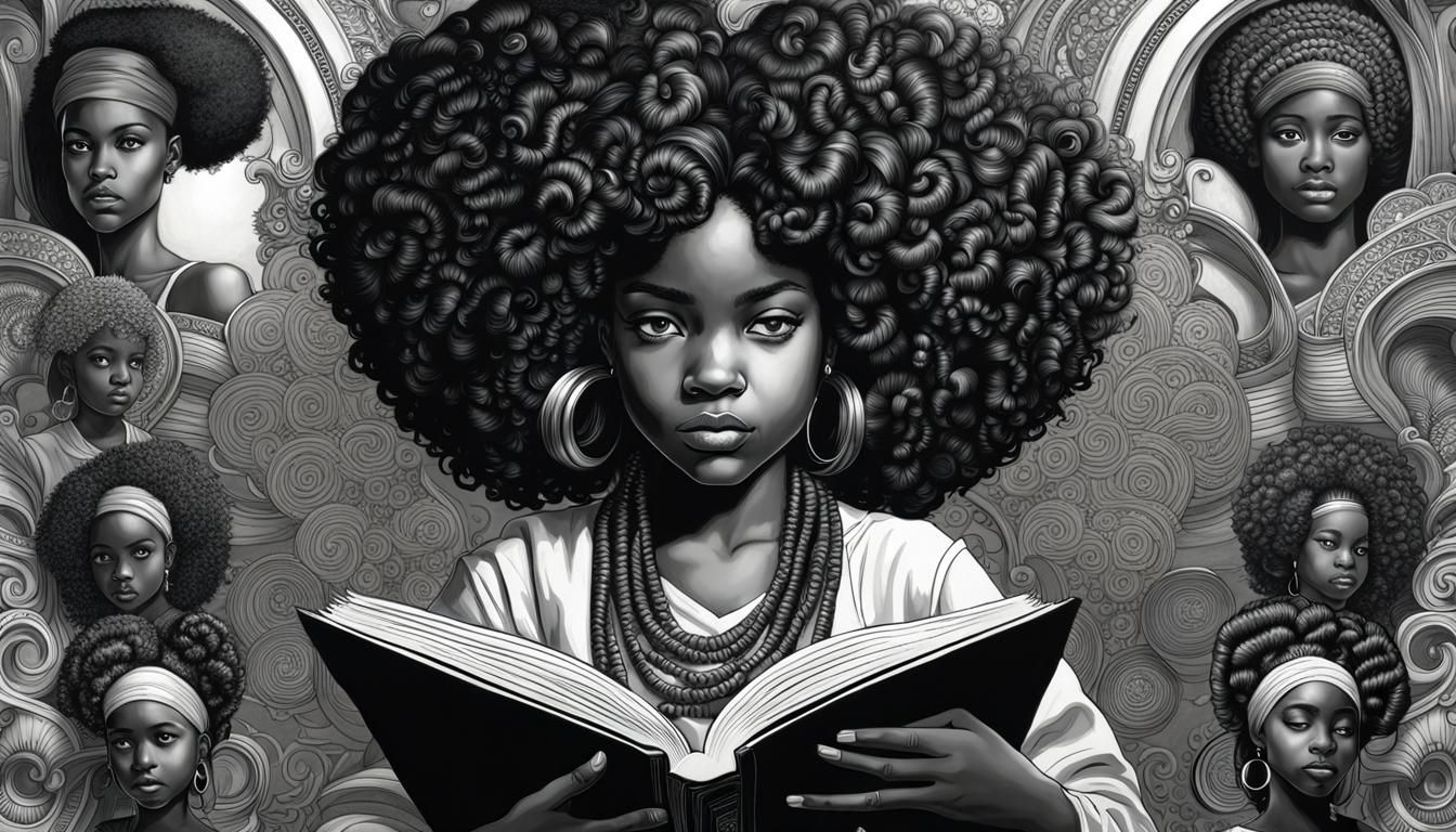 a young African American girl immersed in reading, her intricate ...