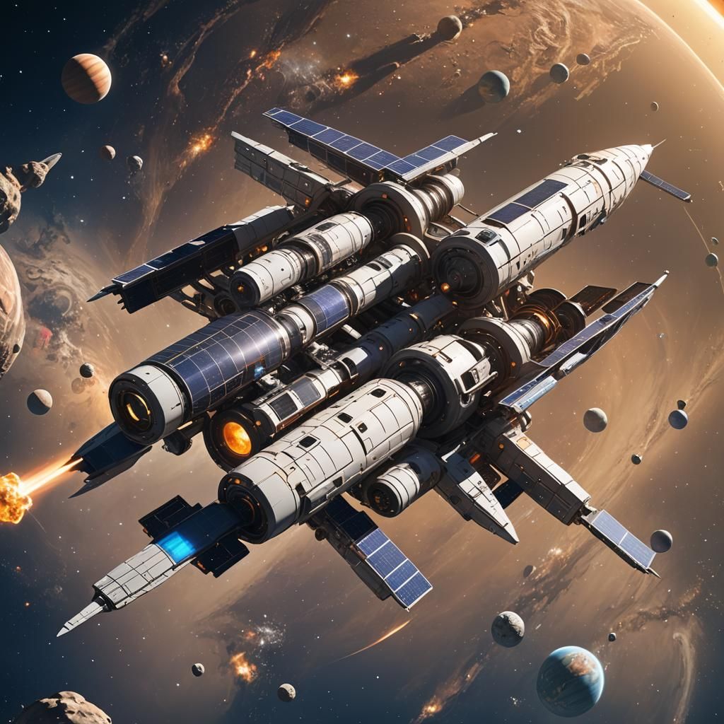 Cylindrical space ship with two external drive pods traversi...