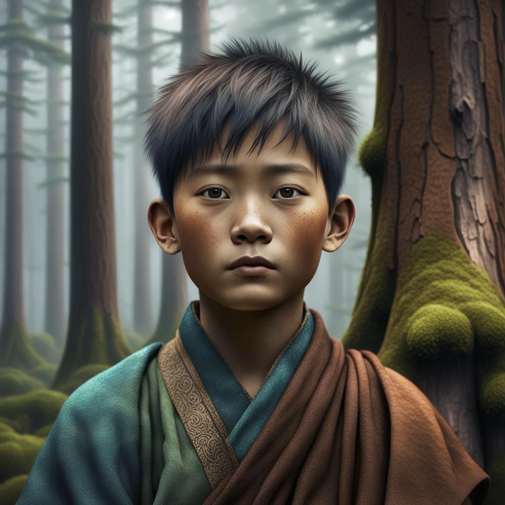 Dreamlike. Photorealistic portrait of an eight year old Tibetan boy. Close cropped hair. Wearing a real and brown Tibetan tunic. In a foggy...