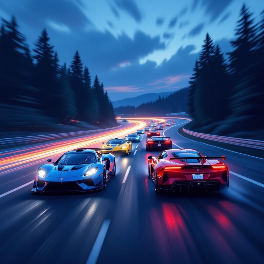 Sports Cars Racing at High Speed in Dynamic Digital Painting