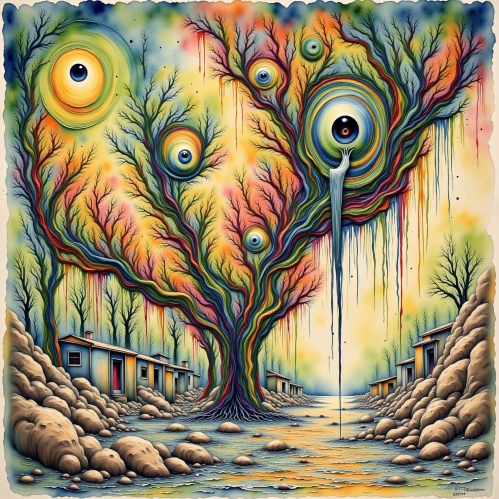 Surreal Melting Cityscape with Floating Eyes