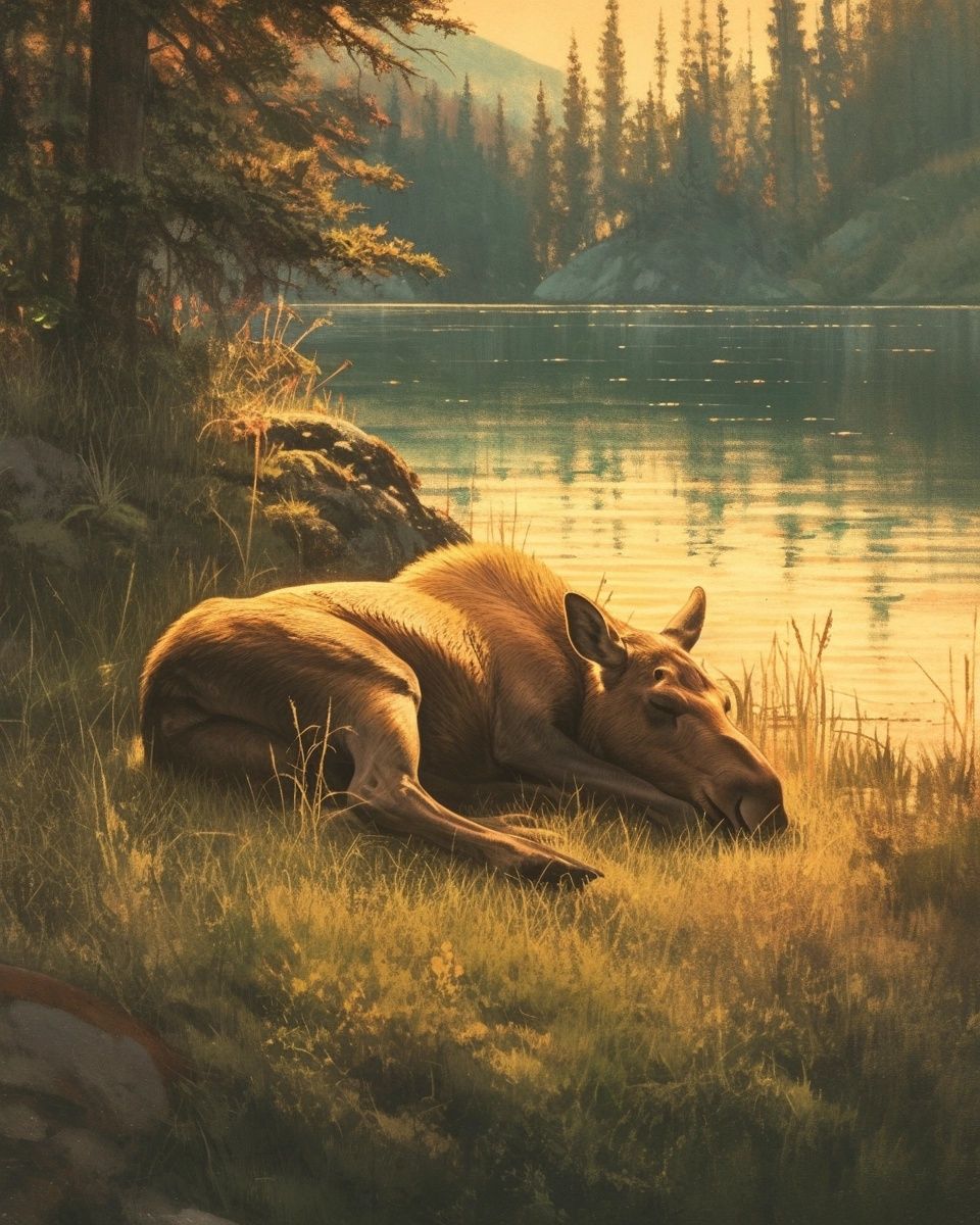 Sleeping Moose by the Lake