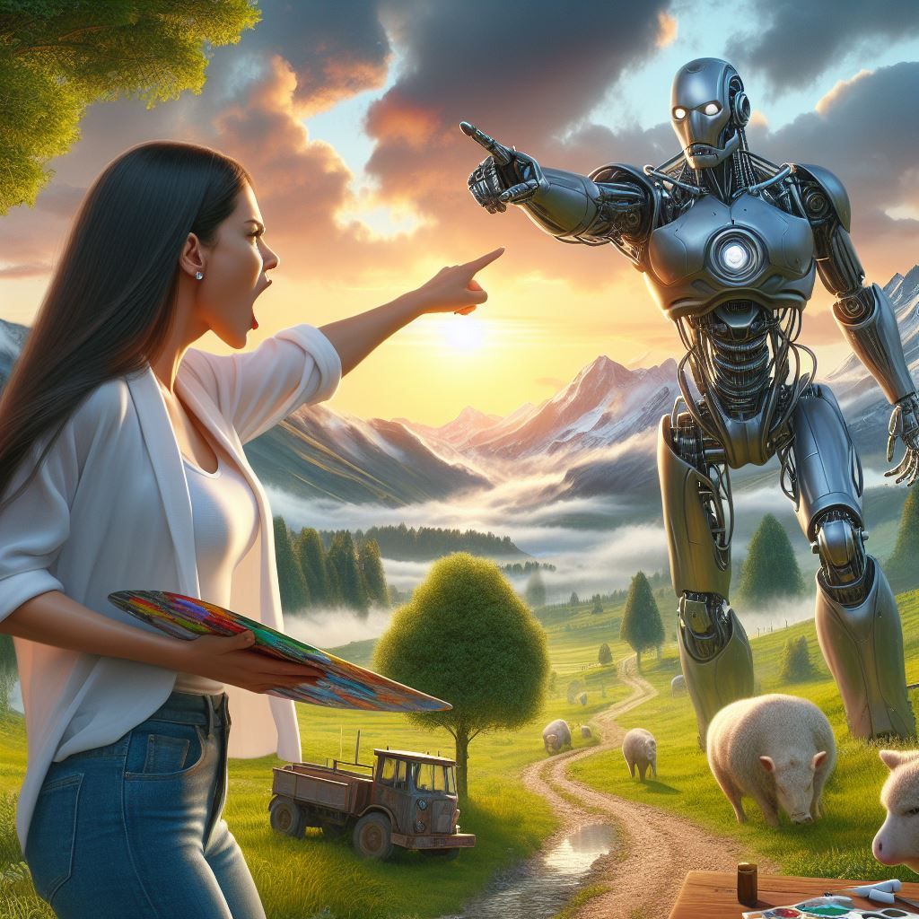 Angry landscape artist points at robot