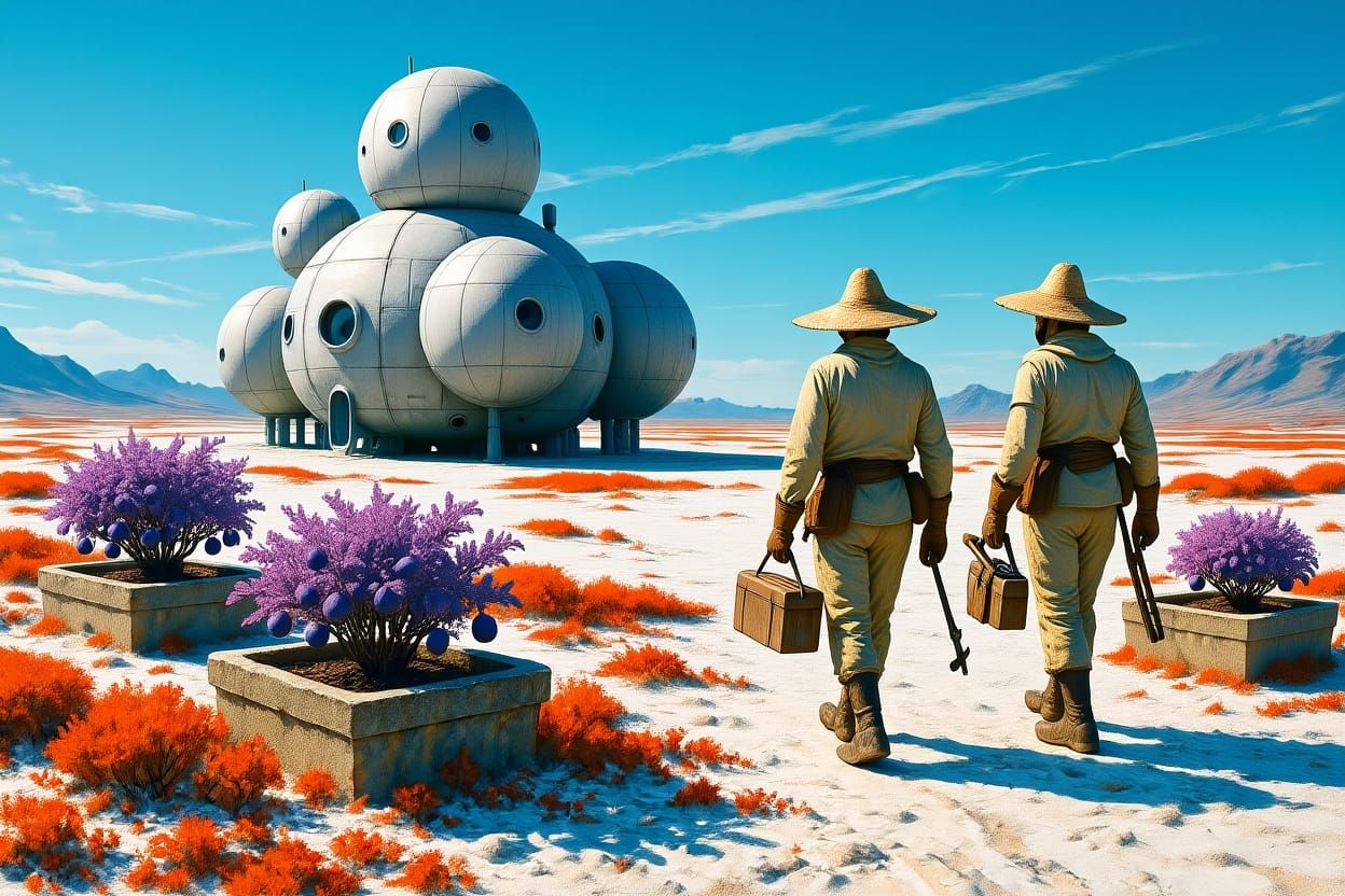 Sci-fi illustration. lightly saturated colors like ektachrome film, colors. a wide landscape on exoplanet. ...  by @Eric Lacomblez