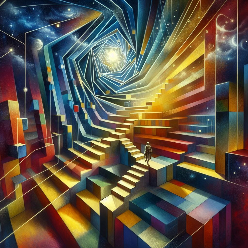 a labyrinthine staircase that climbs towards infinity