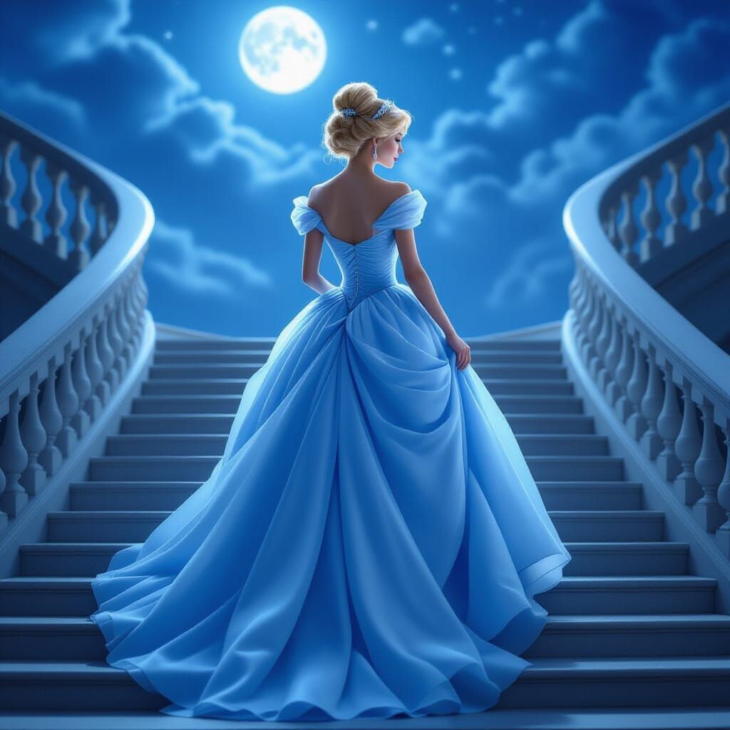 Elegant Blonde Princess in Blue Gown Under Moonlight
