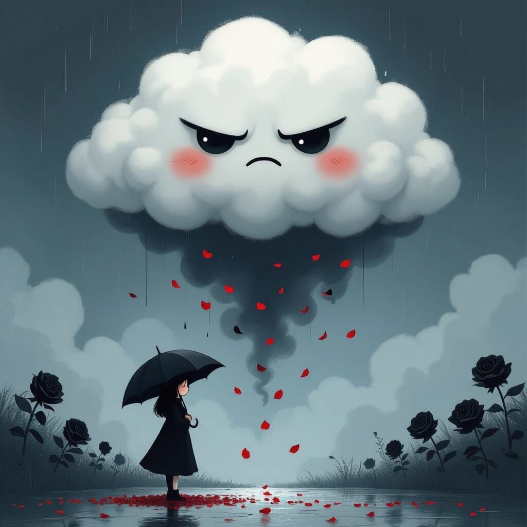 Sad Girl Under Ominous Cloud in Anime Style