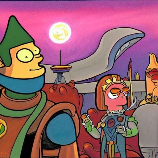 A detailed painting of Futurama and Lord of the rings, comic