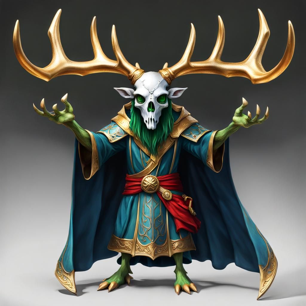 3 feet tall Wearing a Silver Deer Skull with golden antlers ...